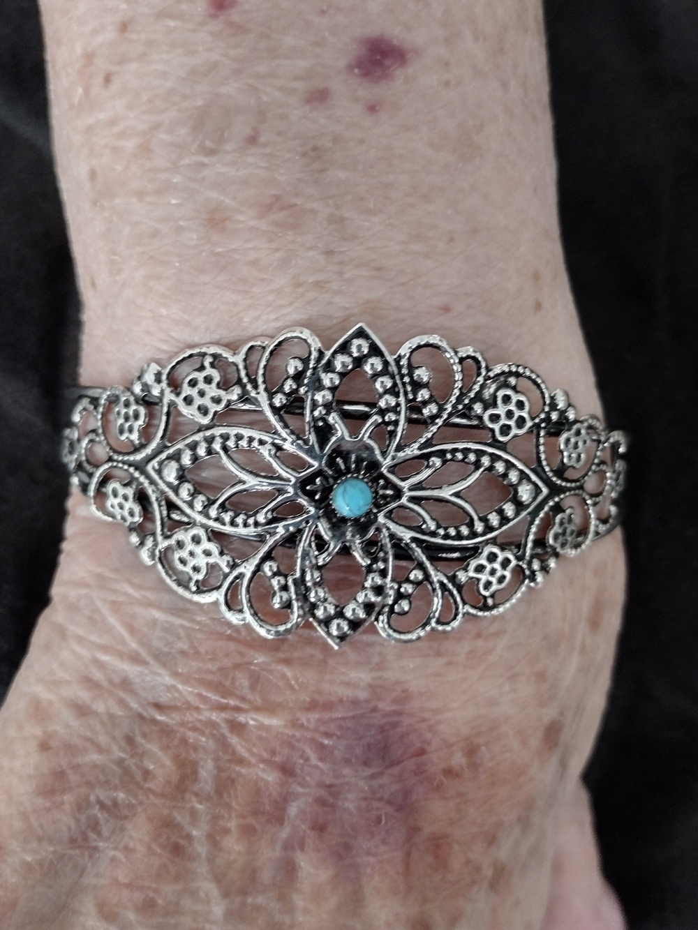 Silver Filigree Floral Cuff Bracelet with Turquoise Accent